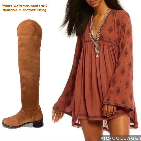 FREE PEOPLE Flowy Boho Tunic Dress Cottage Embroidered Burnt Orange Blu Roomy XS - Picture 11 of 11